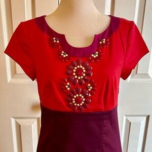 Boden Red and Burgundy Beaded Floral Midi Dress